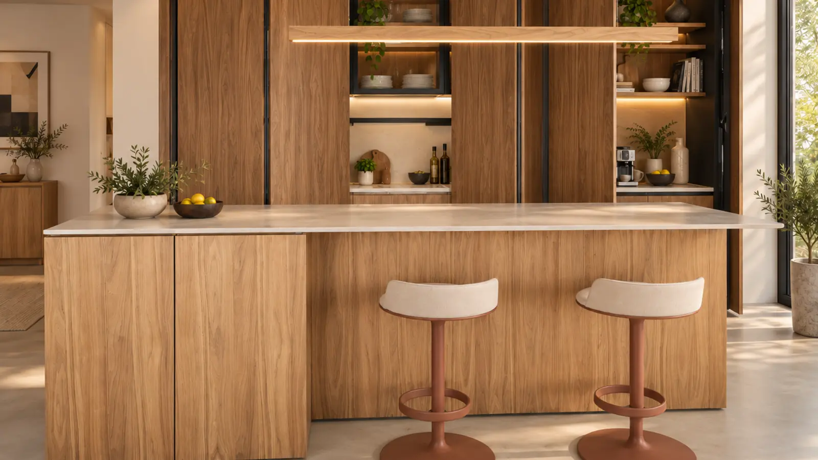 La misma cocina con las puertas plegables entreabiertas