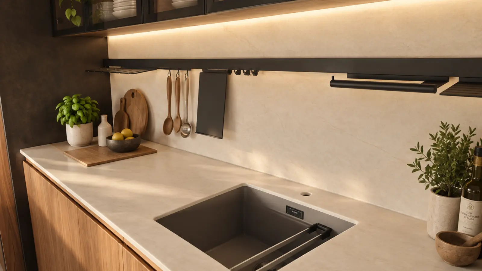 Detalle de fregadero bajo encimera con barra de accesorios