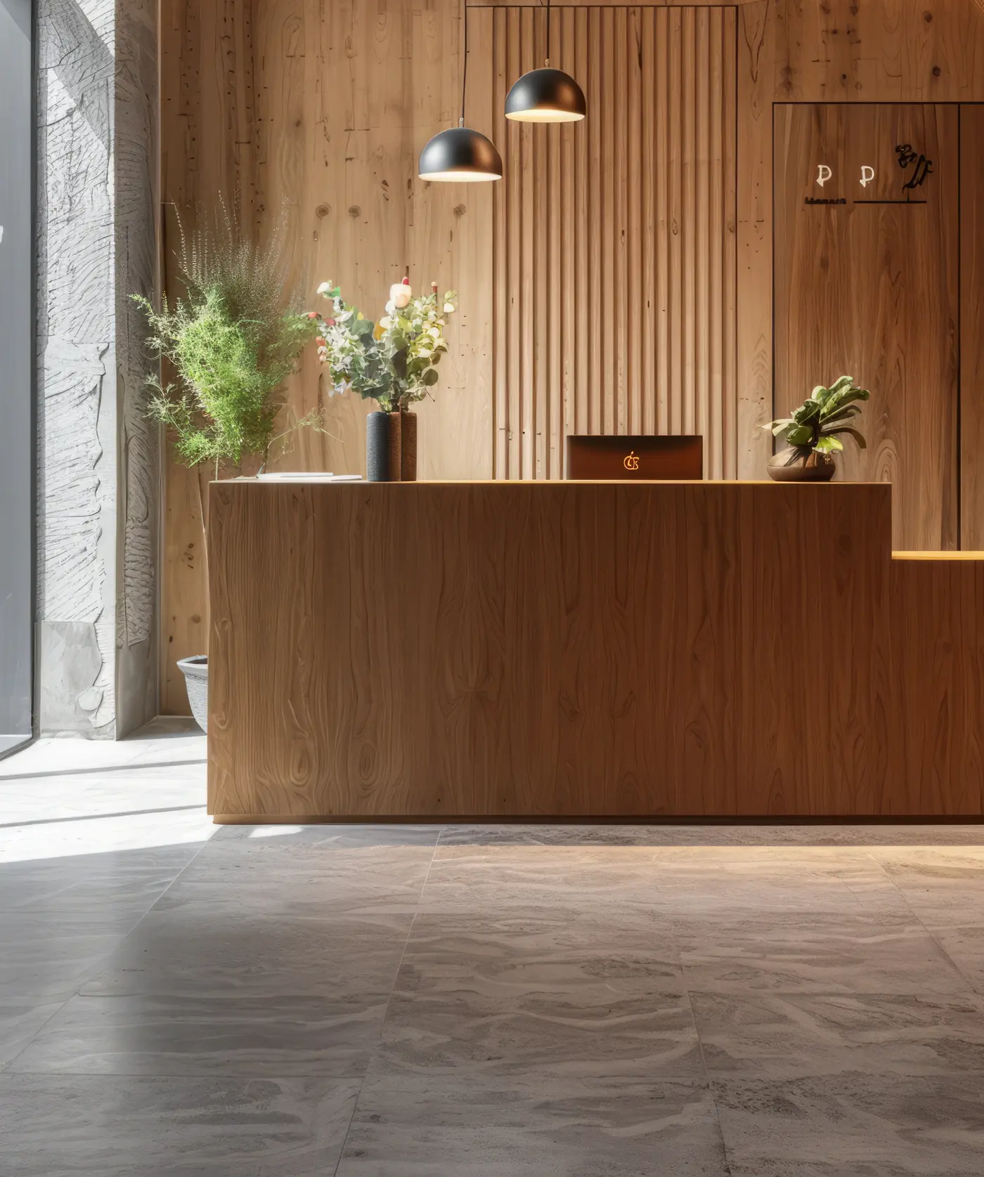Mostrador de recepción en madera para local comercial