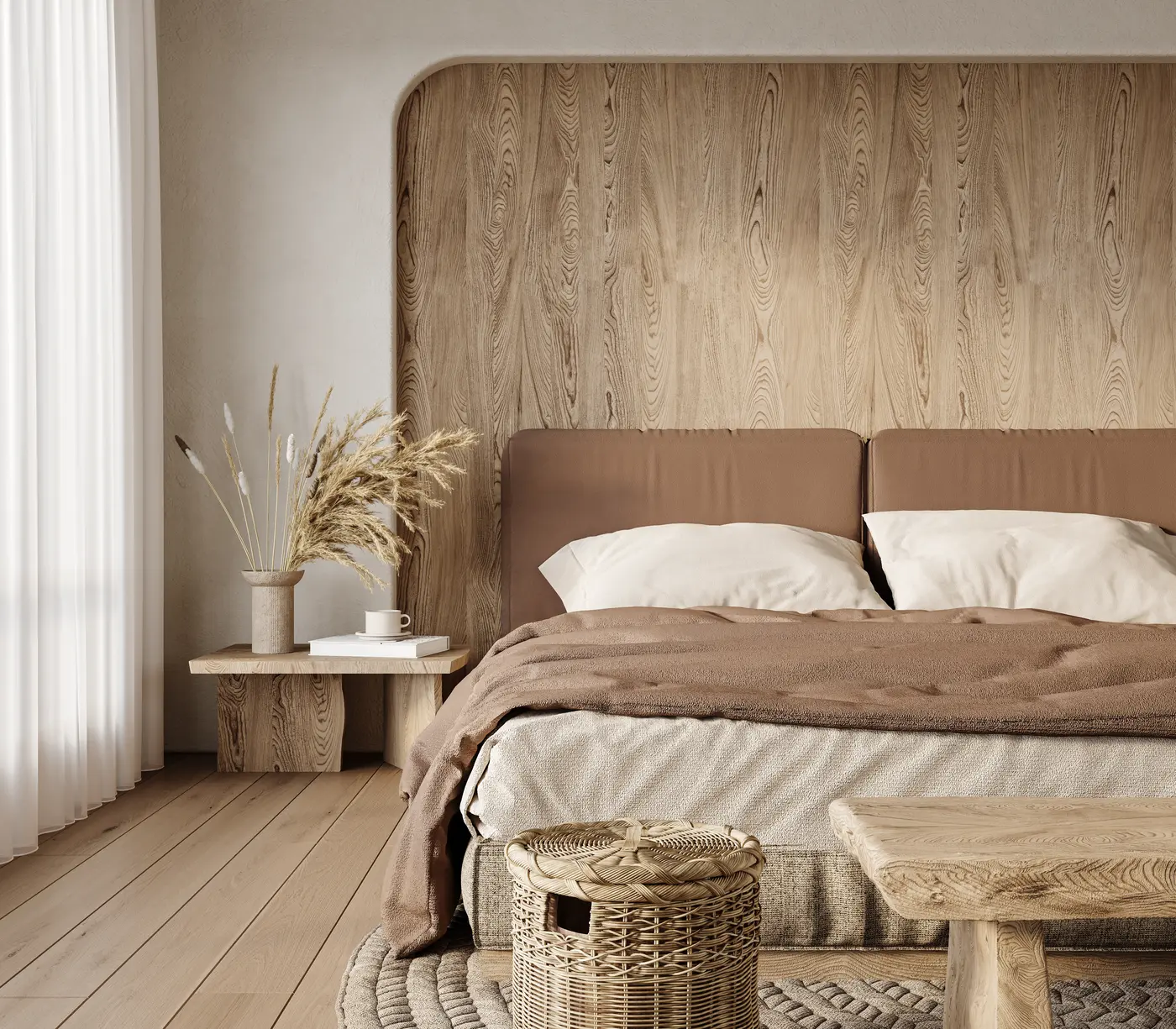 Dormitorio con cabecero panelado en madera natural