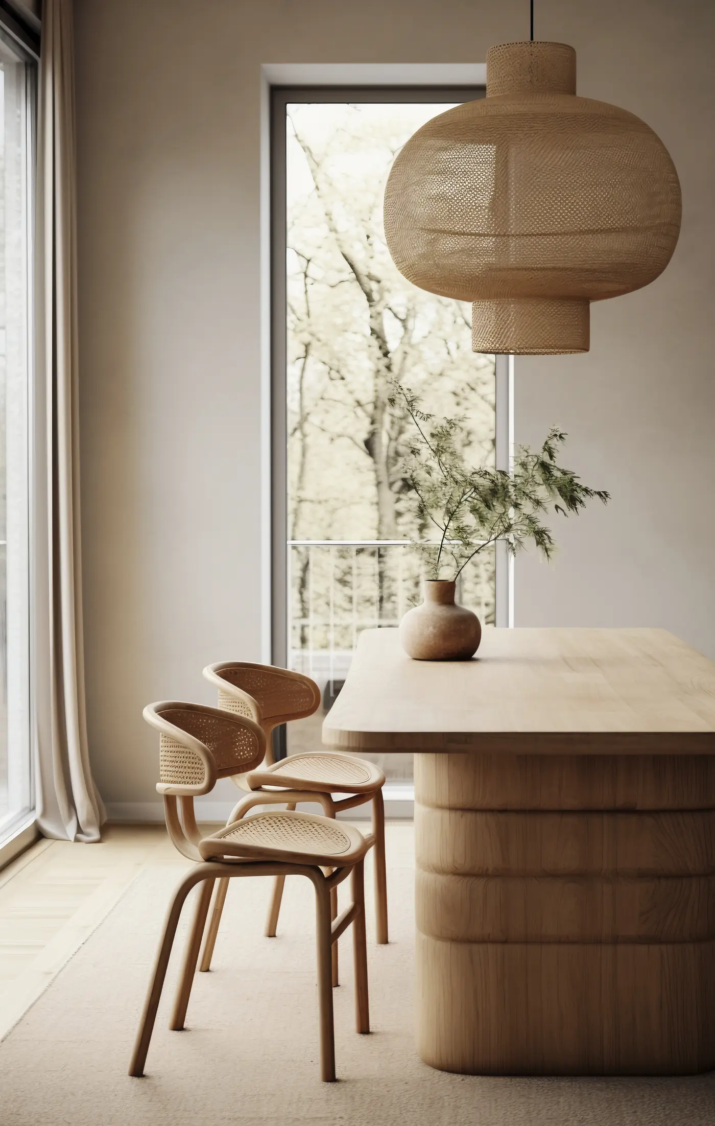 Comedor a medida en madera clara con lámpara de fibra natural