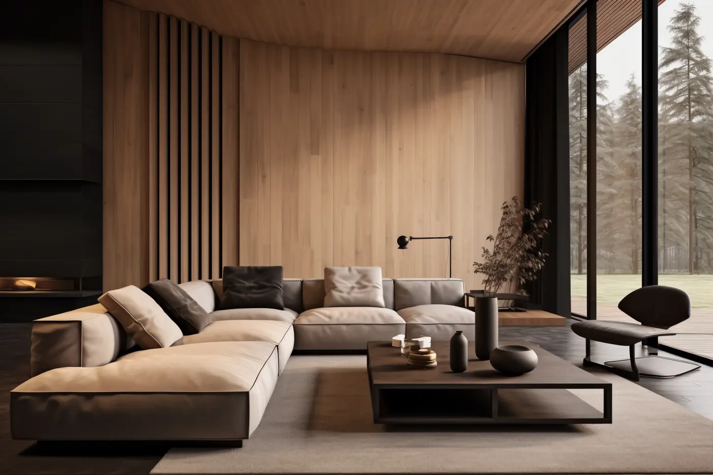 Salón panelado en madera con chimenea